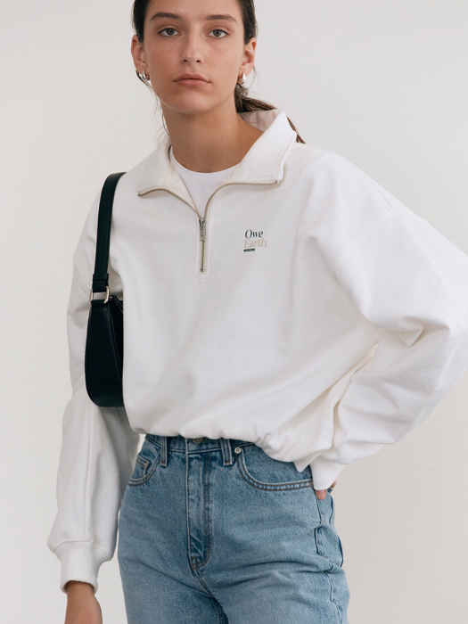 UNISEX SLOGAN HALF ZIP-UP SWEATSHIRT OFF WHITE_UDTS1C105WT