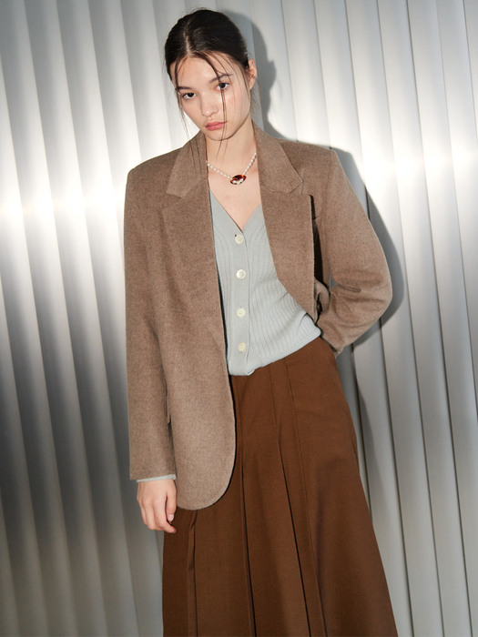 21 Winter_ Brown Asymmetry Pleats Midi Skirt 
