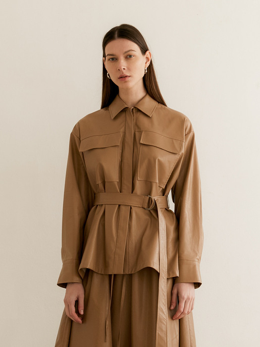 OVERSIZE ARTIFICIAL LEATHER SHIRT - BEIGE