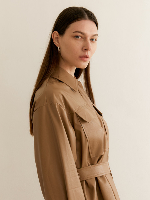 OVERSIZE ARTIFICIAL LEATHER SHIRT - BEIGE