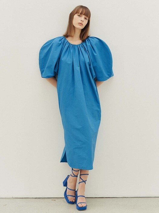 Giselle Puffsleeve Linen Midi Dress (Azure)