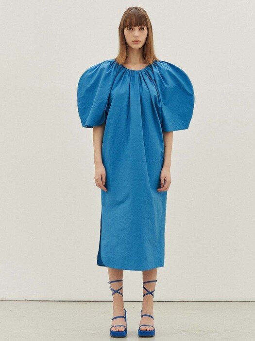 Giselle Puffsleeve Linen Midi Dress (Azure)