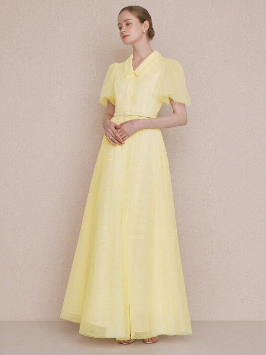 DIAMANT Pointed collar tulle maxi dress (Lemon)