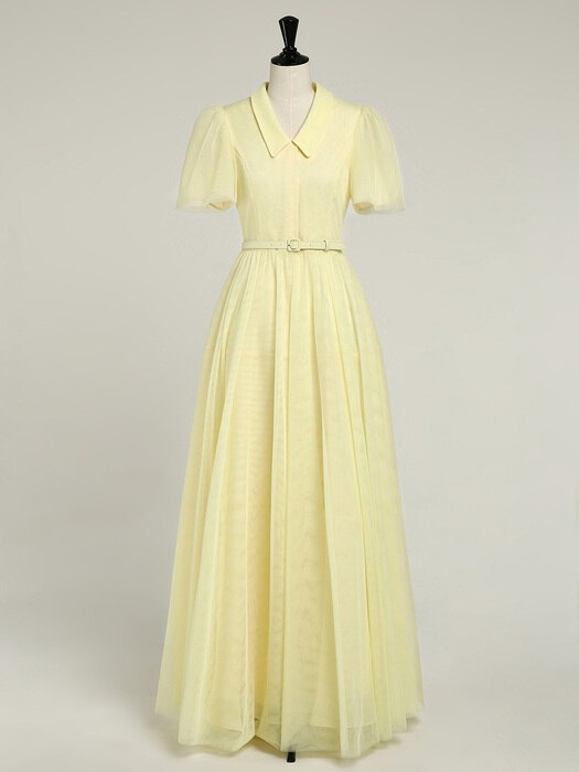 DIAMANT Pointed collar tulle maxi dress (Lemon)