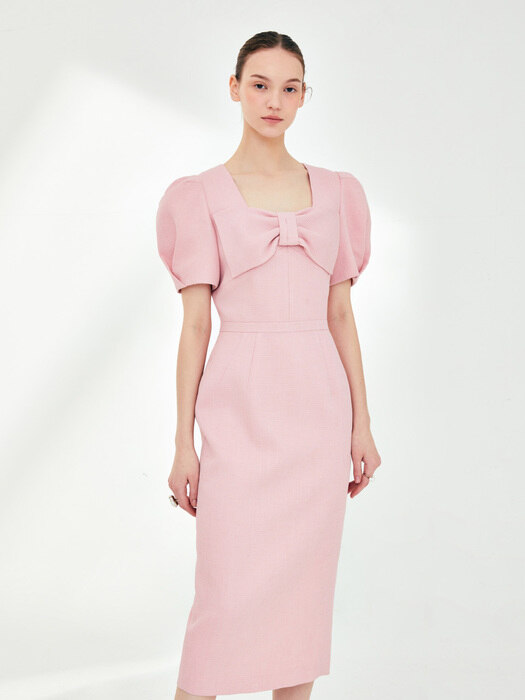 ROSALIE Ribbon detail Square neck dress (Flamingo pink)