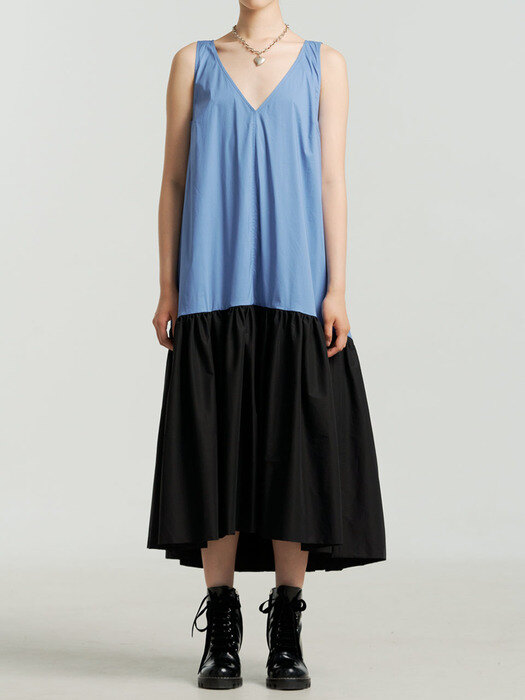 CLAUDIA BLUE COTTON-BLEND SLEEVELESS SHIRRING DRESS