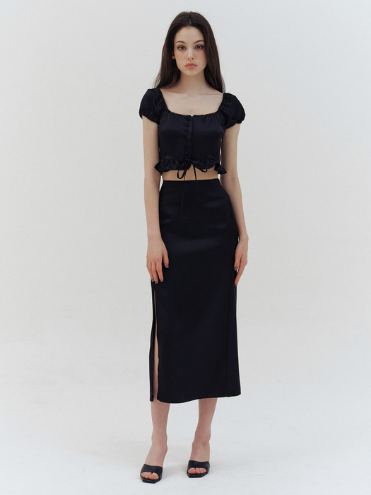 black satin slit long skirt