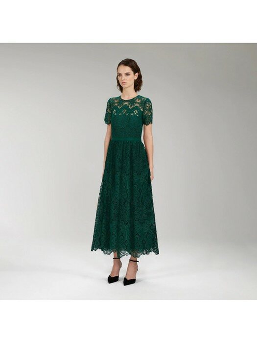 다크 그린 플로럴 기퓌르 미디 드레스 (PF22-036A)