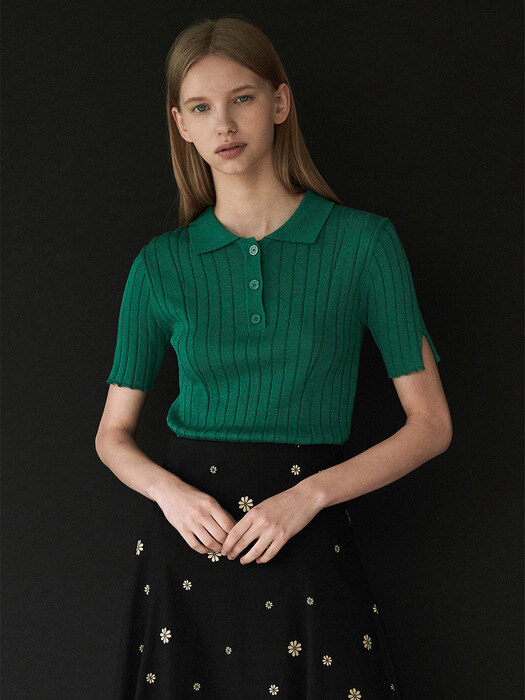 Ribbed button half sleeve knit - green
