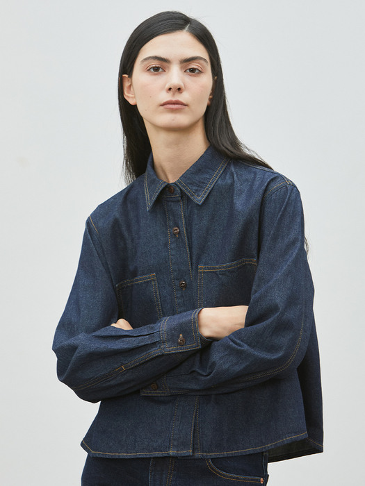 Classy Denim Crop Shirt_Dark Blue