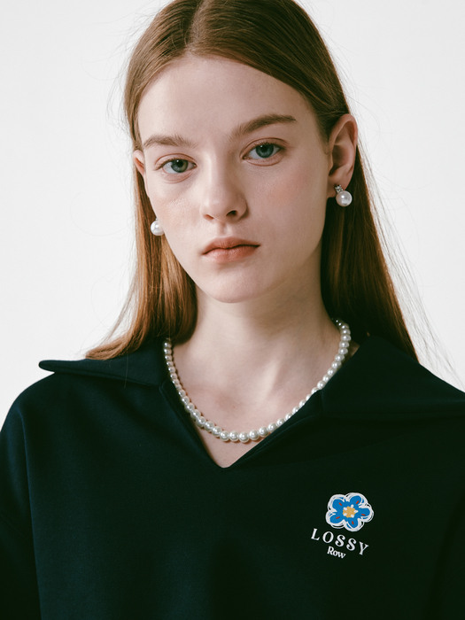 Flower Open collar Sweatshirt Navy