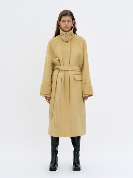 OVERSIZED CASHMERE-WOOL BLEND MAXI COAT WITH FUNNEL-NECK - LEMON BUTTER
