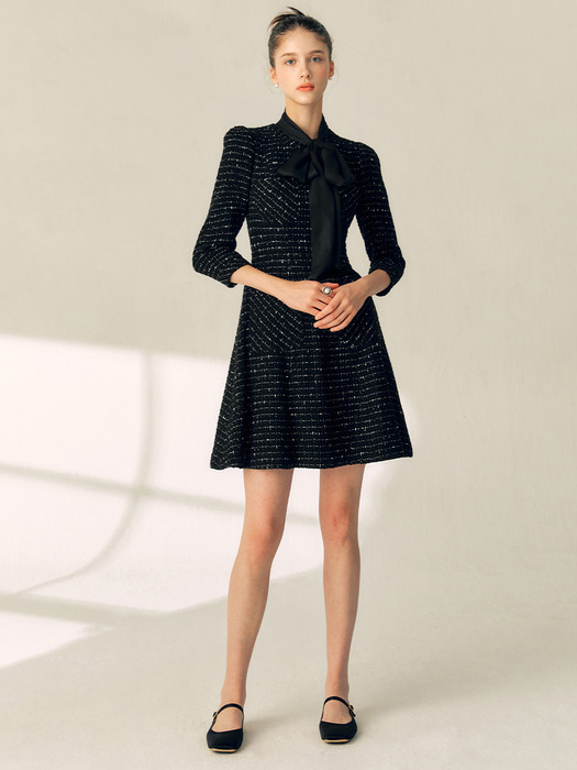 SABRINA Round neck flared tweed wool dress (Ivory/Black)