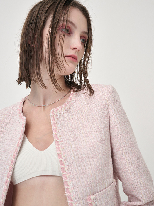 Trimmed Hook Tweed Jacket, Pink