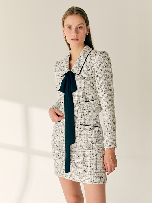 [SET]MARVELLA Classic collar detail cropped tweed jacket (Ivory&Black)+KIMMY Semi A-line tweed skirt (Ivory&Black)