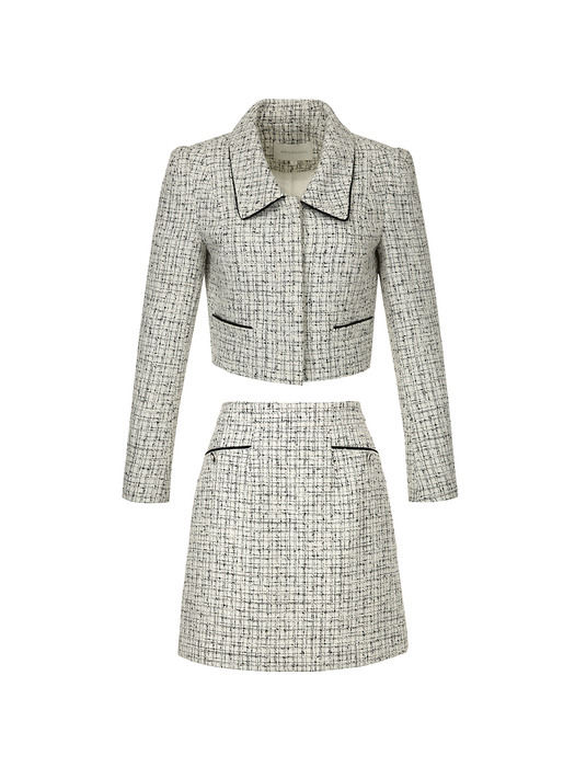 [SET]MARVELLA Classic collar detail cropped tweed jacket (Ivory&Black)+KIMMY Semi A-line tweed skirt (Ivory&Black)