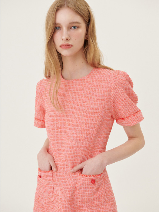 TWEED HALF-SLEEVED MINI DRESS_PINK