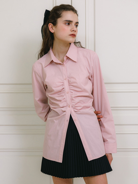 Shirring belted shirt (pink)