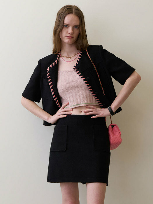 23 Summer_ Black Tweed Blazer (Pink Embroidery)