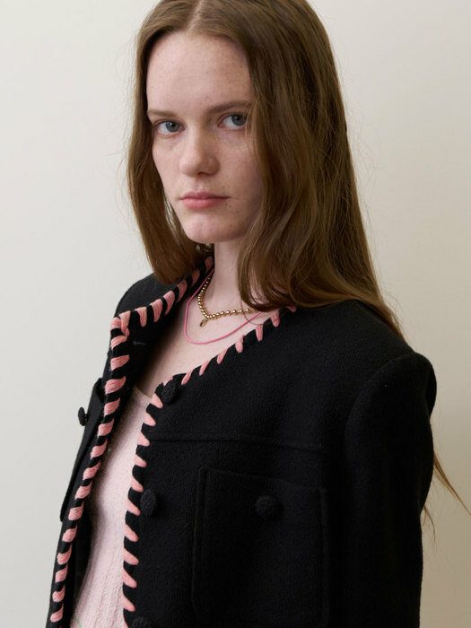 23 Summer_ Black Tweed Blazer (Pink Embroidery)