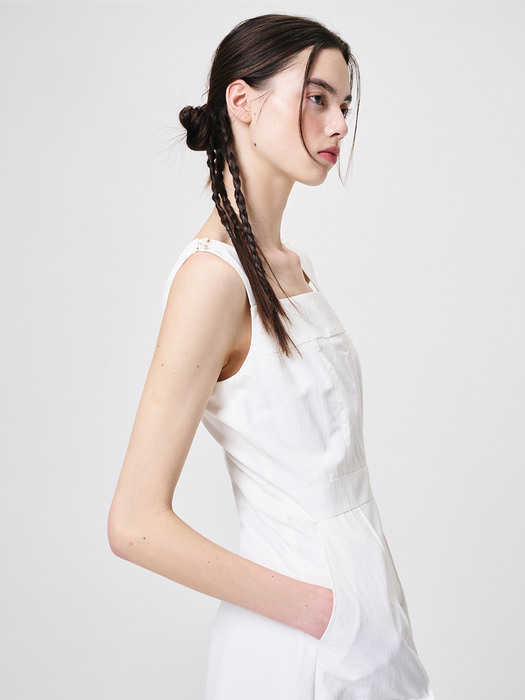 Shoulder Button Sleeveless Dress, White