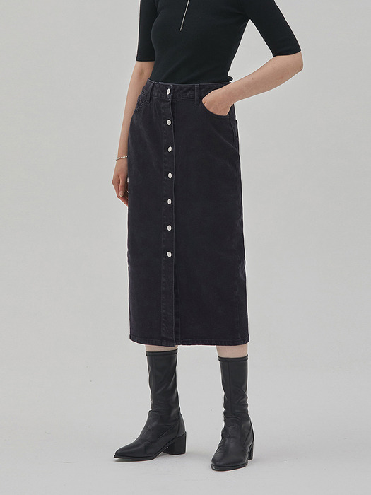 DENIM BUTTON H LINE SKIRT BLACK