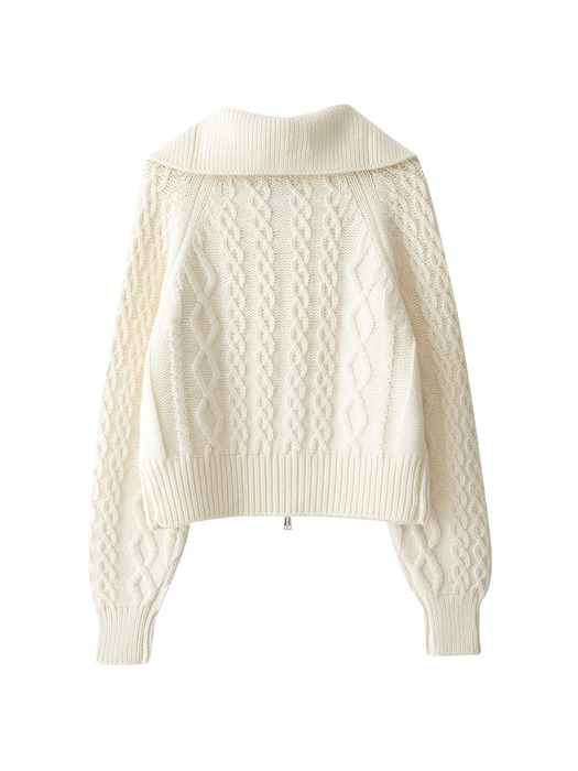 Big Collar Cable Zip-Up Knit Cardigan (Ivory)