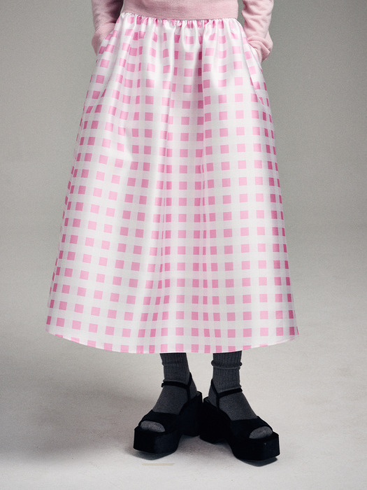 VOLUME MAXI SKIRT MICADO GINGHAM PLAID_PINK