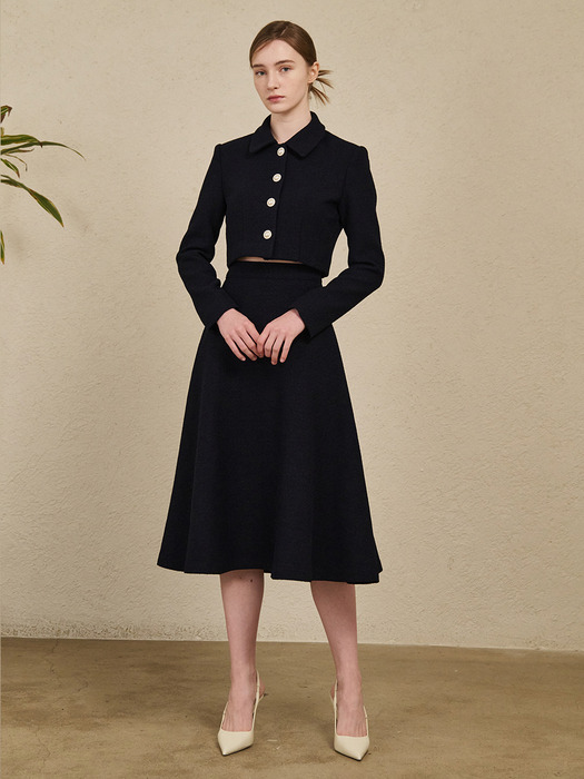 Long Flare Tweed Skirt - Navy