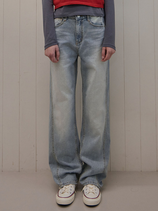 DOUBLE STITCH LONG WIDE DENIM PANTS