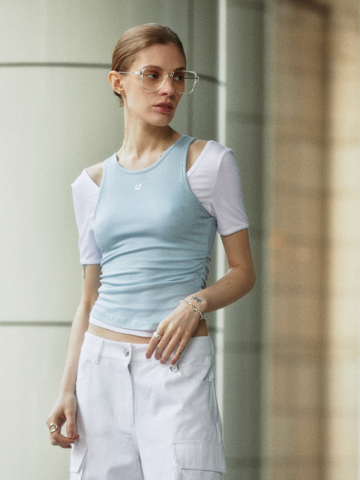 RASPAIL Double-Layered Cut-Out Contrast Jersey Top_Blue+White