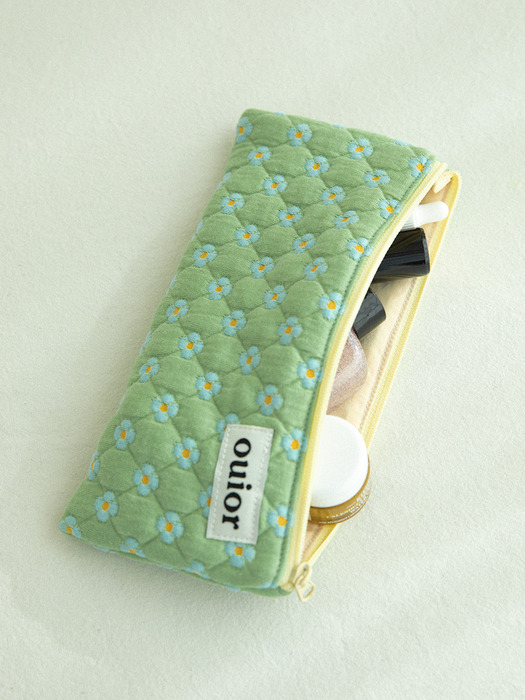 ouior flat pencil case - dot flower pistachio (topside zipper)