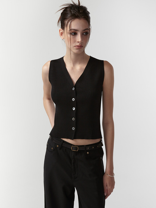 VISCOSE V-NECK KNIT VEST (BLACK)