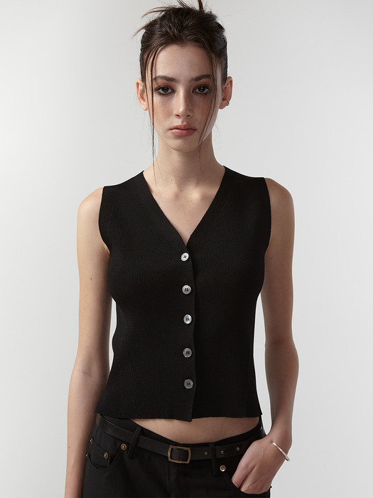 VISCOSE V-NECK KNIT VEST (BLACK)