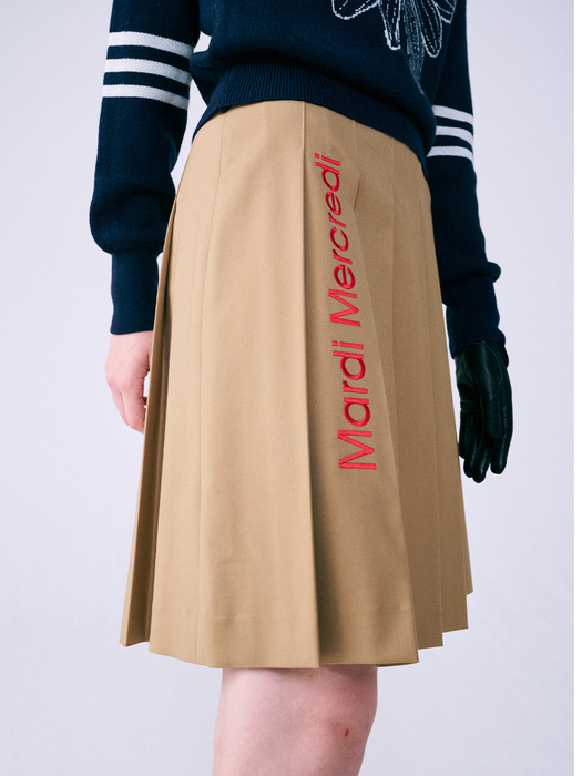 PLEATS MIDI SKIRT LOGO NEEDLEWORK_BEIGE RED