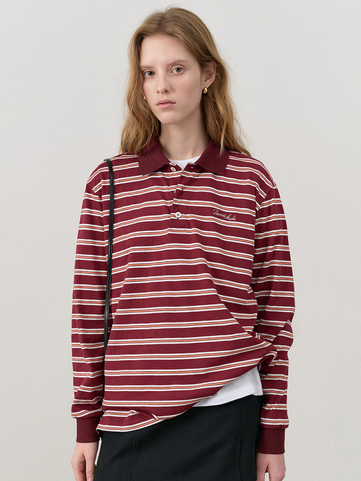 UNISEX MULTI STRIPE COLLARED T-SHIRT BURGUNDY STRIPE_UDTS4C119D2