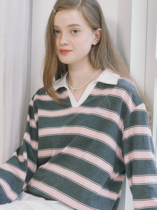 Stripe Logo Collar Sweatshirt - Pink