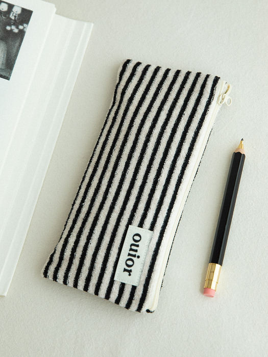 ouior flat pencil case_terry stripe black (topside zipper)