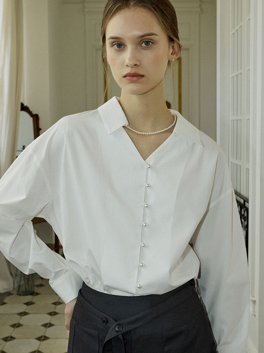 Button Point V-Neck Collar Blouse - White