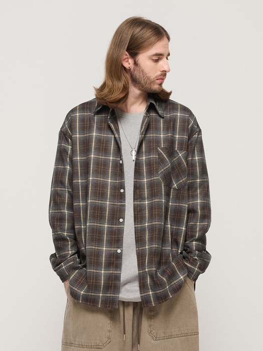 PREMIUM FLANNEL SEMI-OVERSIZED CHECK SHIRT (BROWN)