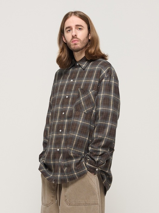 PREMIUM FLANNEL SEMI-OVERSIZED CHECK SHIRT (BROWN)