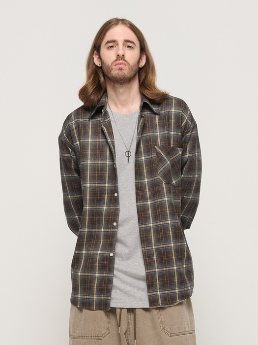 PREMIUM FLANNEL SEMI-OVERSIZED CHECK SHIRT (BROWN)