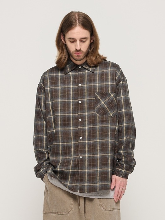 PREMIUM FLANNEL SEMI-OVERSIZED CHECK SHIRT (BROWN)