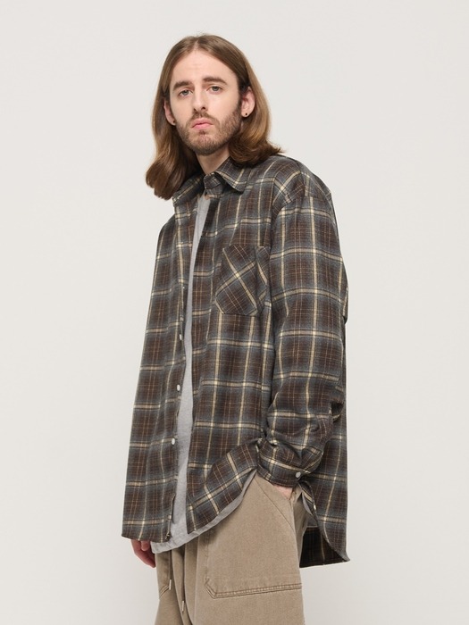 PREMIUM FLANNEL SEMI-OVERSIZED CHECK SHIRT (BROWN)