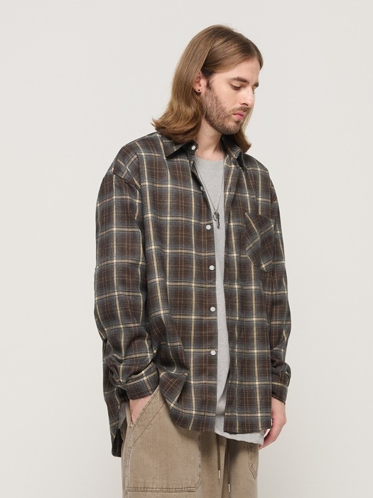 PREMIUM FLANNEL SEMI-OVERSIZED CHECK SHIRT (BROWN)