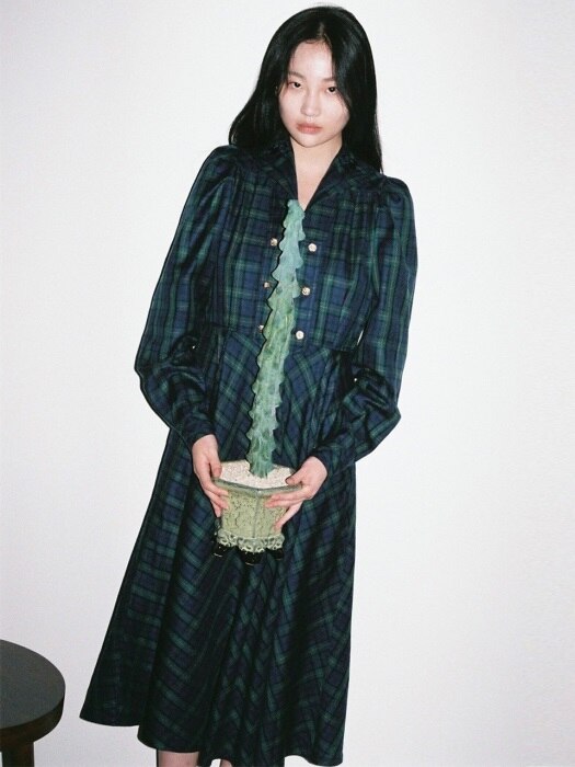 ROSE EMBROIDERY CHECK DRESS [GREEN]