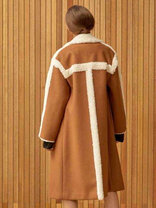 fur trimming double coat Brown