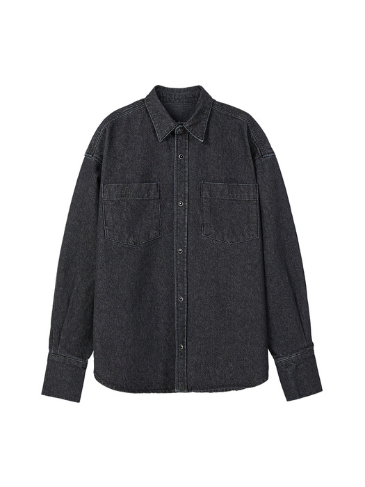 Oversized Denim Shirt Jacket in Black_VJ0SJ1100