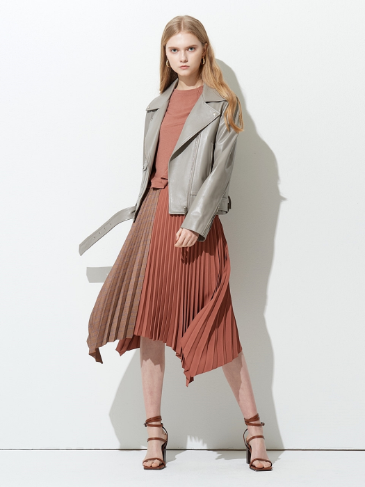 CHECK MIX PLEATS SKIRT CAMEL