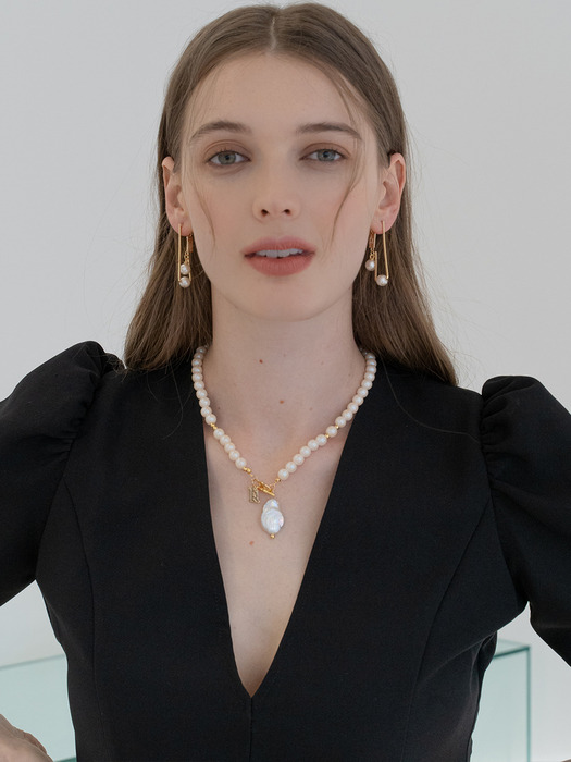 [SET]Ivory pearl choker necklace+Fondue pearl earrings